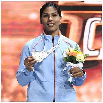 Medal winner with flowers on podium